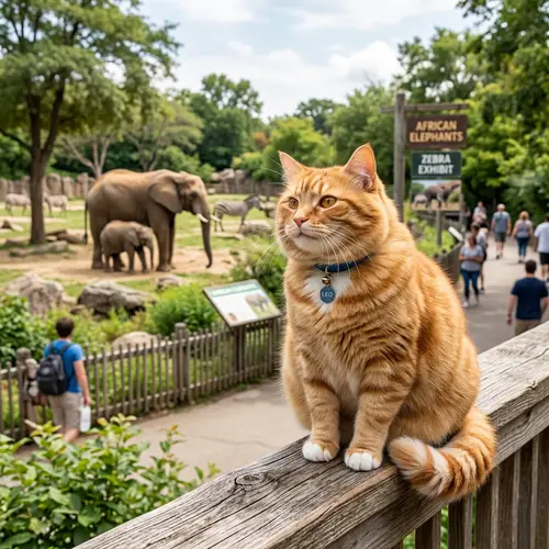 Happy Ginger Cat Watching Animals at Zoo - Realistic Photography