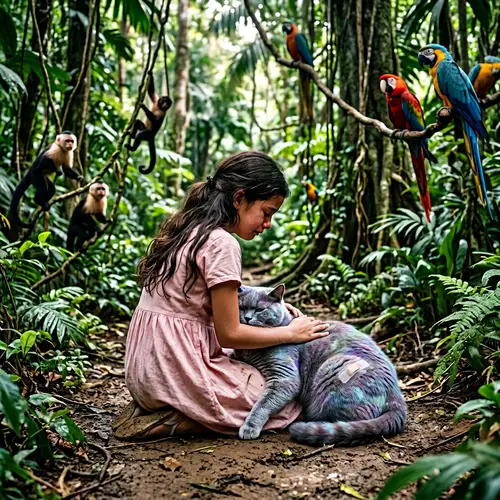 Adorable British Cat and Crying Girl in Hyperrealistic Scene