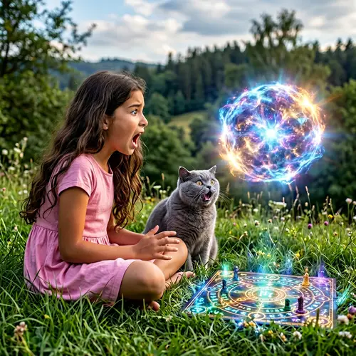 Surprising Encounter: Girl and British Cat in Magical Setting