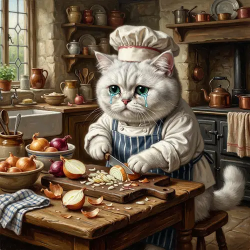 Realistic British White Cat Cutting Onions | Chef Costume
