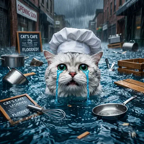 Chubby White British Cat Chef Crying in Blue Flood