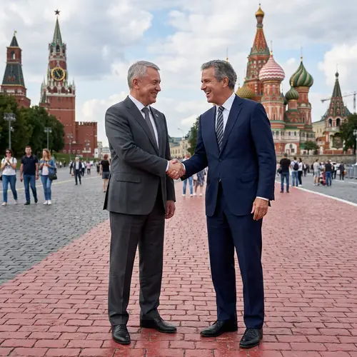Prominent Russian and American politicians shaking hands in Moscow square