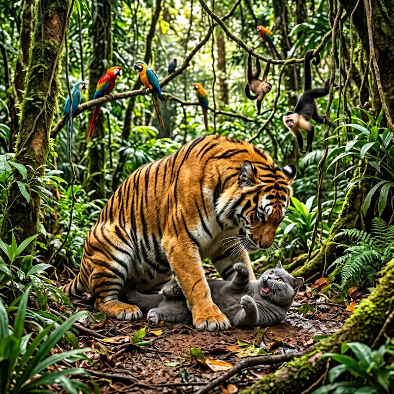 Life-and-Death Struggle: Grey British Cat vs Massive Tiger
