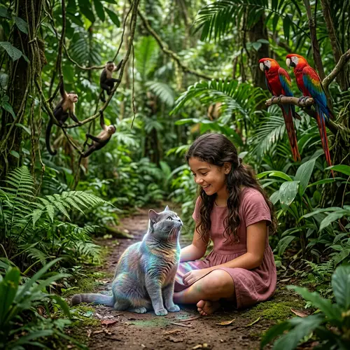 Realistic British Shorthair Cat with Girl in Pink Dress