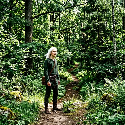 Young Man with Snowy White Hair Surveys Verdant Forest