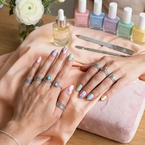 Beautifully Manicured Hands with Pastel Nails and Silver Rings