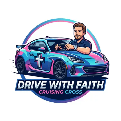 Vector Logo | Man Driving Stylish Car in Blue and Pink