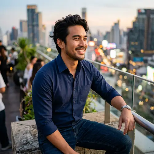Handsome Southeast Asian Man Flashing Sweet Smile | Casual Cityscape Portrait