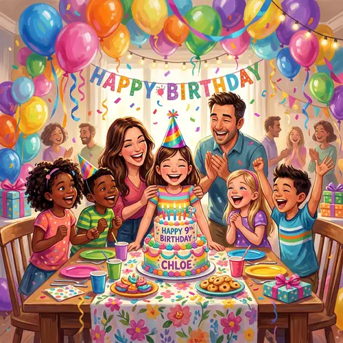 Joyful Birthday Celebration with Balloons & Cake