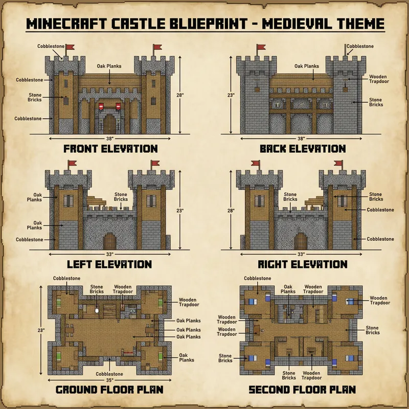 Minecraft Castle Blueprint Detailed Block Layout AI Art Generator 