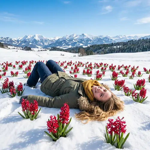 Young Female Lying on Snow Surrounded by Blooming Red Hyacinth Flowers