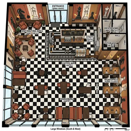 Elegant Chessboard-Themed Coffee Shop Design