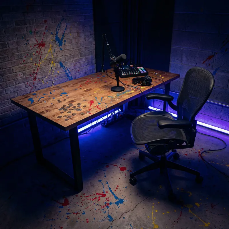 Enigmatic Podcast Room with Artistic Splashes