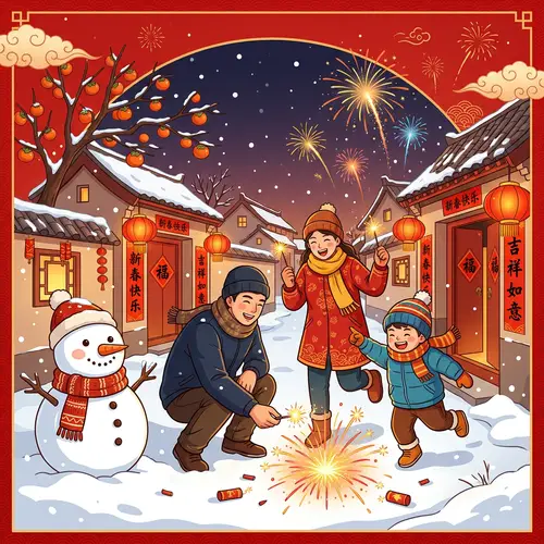Chinese Family Setting Off Fireworks in Snowy Village