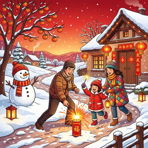 Chinese New Year Illustration with Snowman and Fireworks