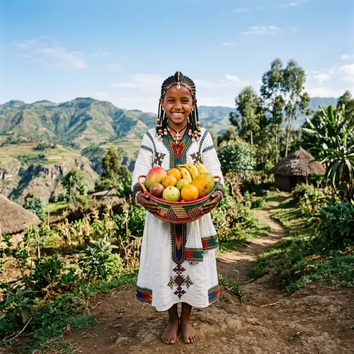 Ethiopian Girl with Fruits | Highland Scenery Outdoors