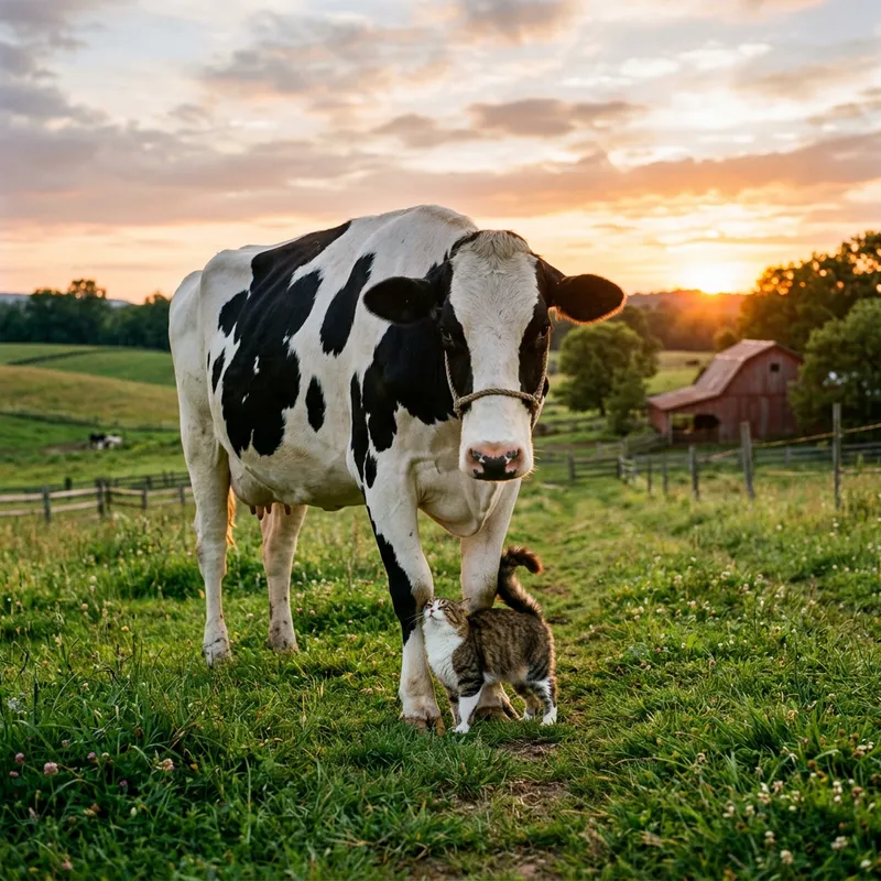 Tranquil Cow and Cat Friendship in Countryside