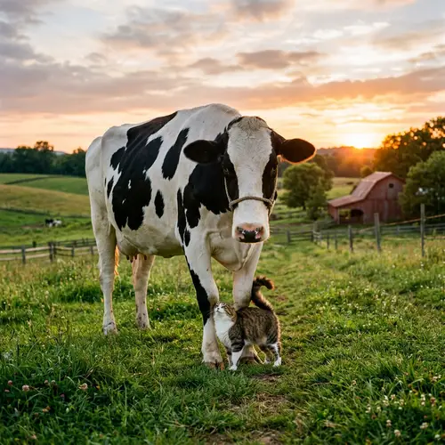 Peaceful Scene of Amicable Cow and Cat Friendship