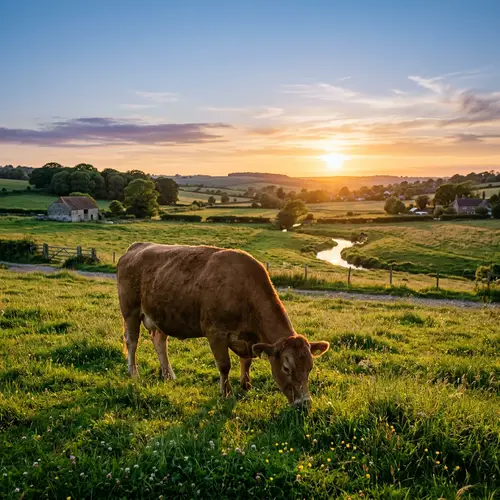 Tranquil Farm Scene with Brown Cow Grazing in Lush Meadow