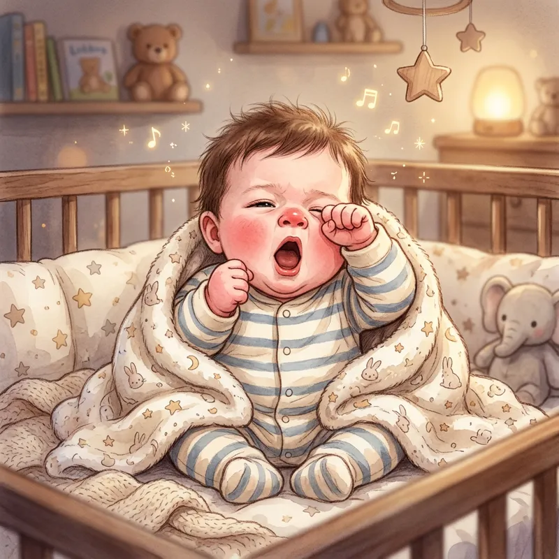 Yawning Baby in Cozy Crib | Sweet Illustration