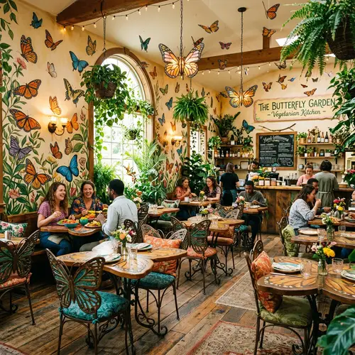 Vibrant Vegetarian Restaurant with Butterfly Theme