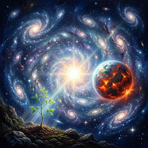 Cosmic Birth: Serene Visual Interpretation of 'In the Beginning'