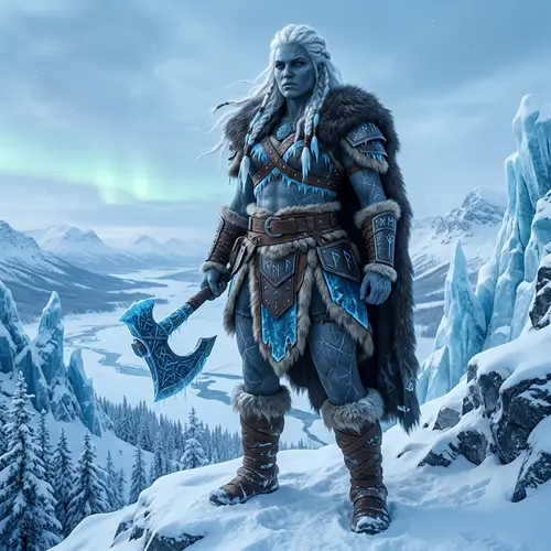 Powerful Frost Giantess: Mythical Nordic Character in Snowy Landscape