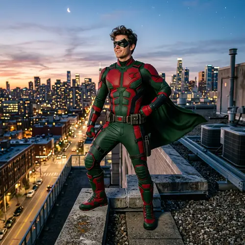 Heroic Agile Young Man in Red and Green Costume on City Rooftop