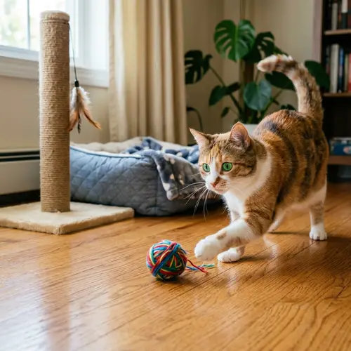 Adorable White and Orange Domestic Cat Playing with Yarn
