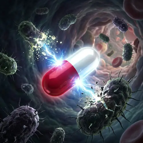 Heroic Microscopic Battle: Red & White Capsule vs. Menacing Bacteria