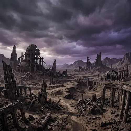 Defeated Planet: Surreal Scene of Ruins and Desolation