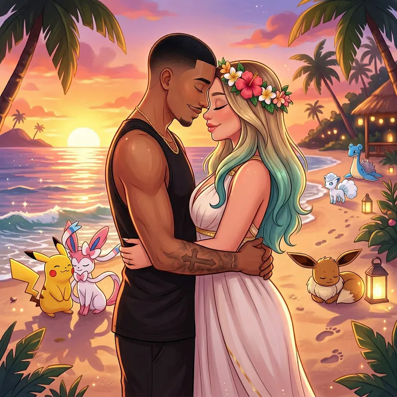 Romantic Pokémon Illustration at Sunset Beach