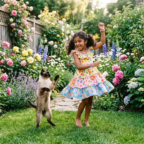 Playful South Asian Girl Dancing with Siamese Cat in Sunlit Garden