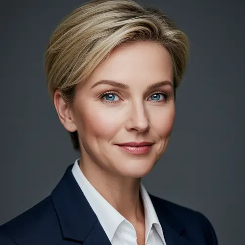 Profile of a Blue-Eyed Blonde Woman in Her 40s