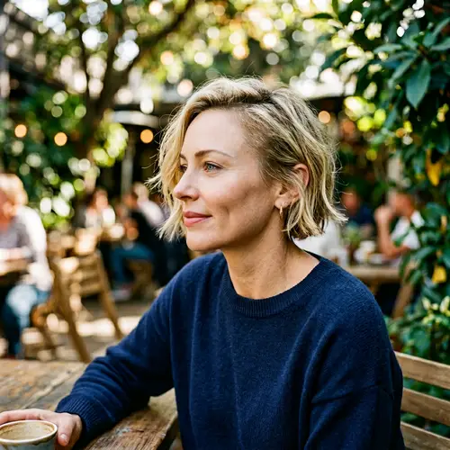 Profile of a Blue-Eyed Blonde Woman in Her 40s