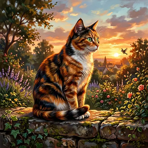 Calico Cat Perched on Garden Wall at Sunset