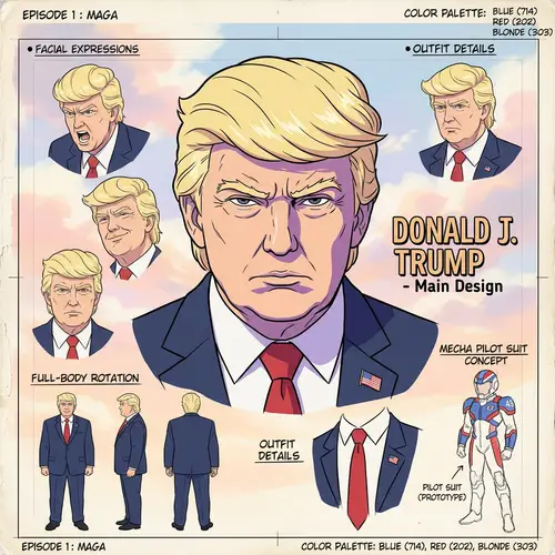 Stylish 90s Anime Character Sheet of Donald Trump