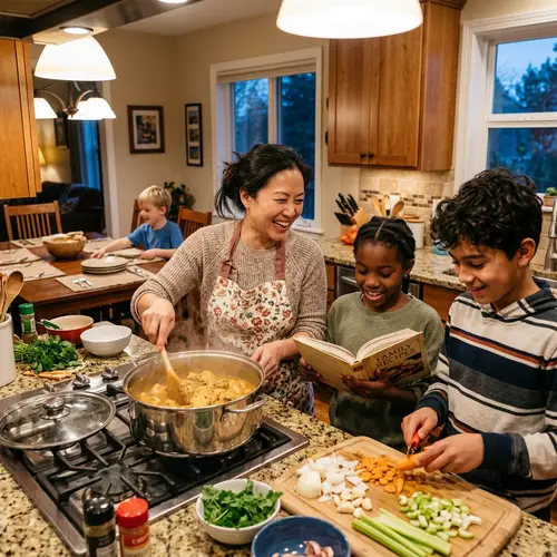 Family Cooking Time: Mom and 3 Kids Preparing Dinner Together