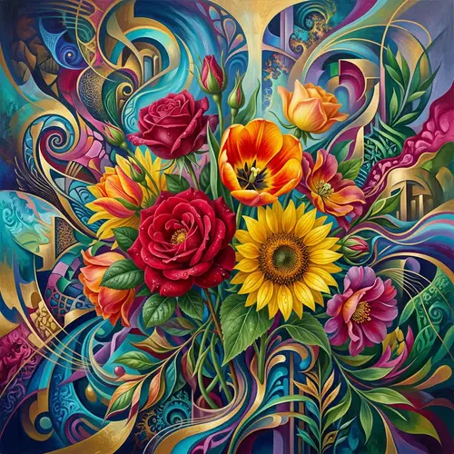 Abstract Realistic Flowers Art - Blooming in Bright Colors