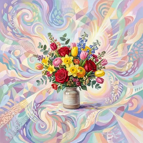 Vibrant Bouquet of Realistic Flowers in Abstract Composition