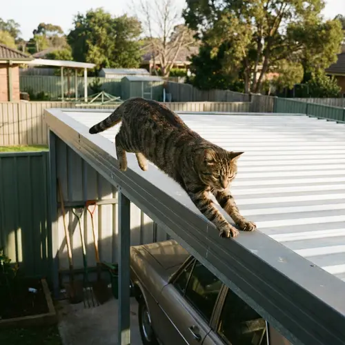 Tabby Cat Escaping Over Carport Roof