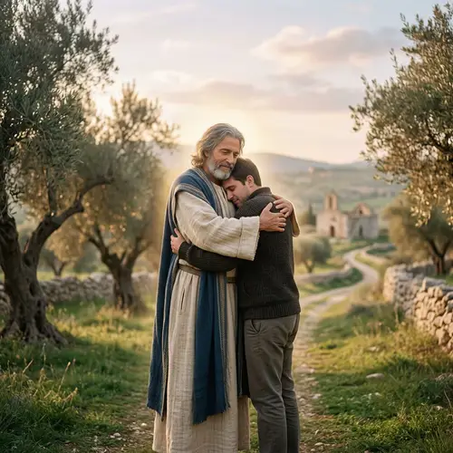 Priceless Memory: Spiritual Figure Hugging Anonymous Individual