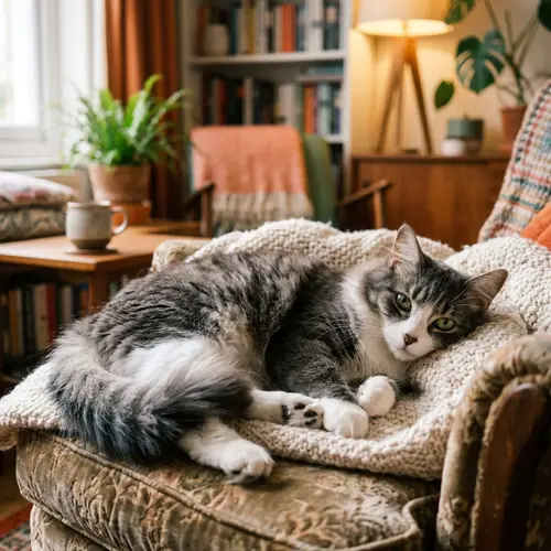 Cosy Domestic Cat with Silky Fur - Relaxing in a Warm Living Room