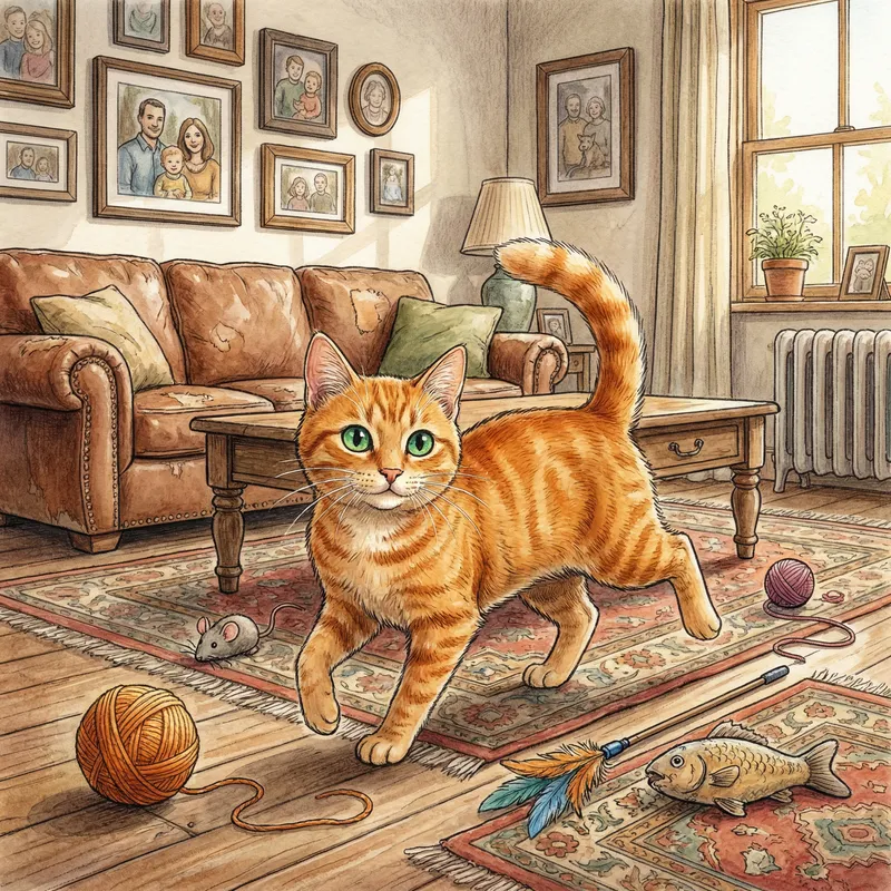 Cute Playful Cat Illustration in Cozy Living Room