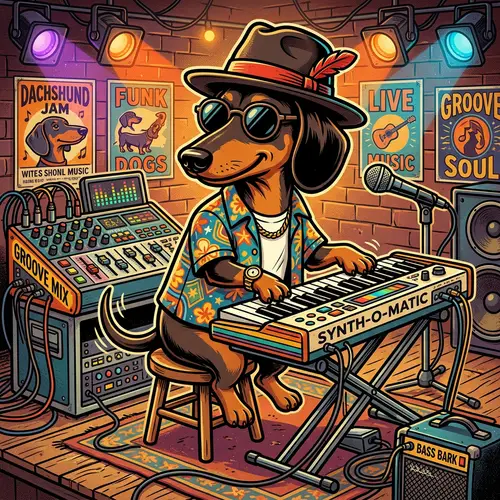 Dachshund Musician Illustration - Vintage Vibe Keyboard Performance