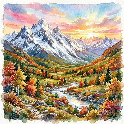 Majestic Snowy Mountain Landscape in Watercolor