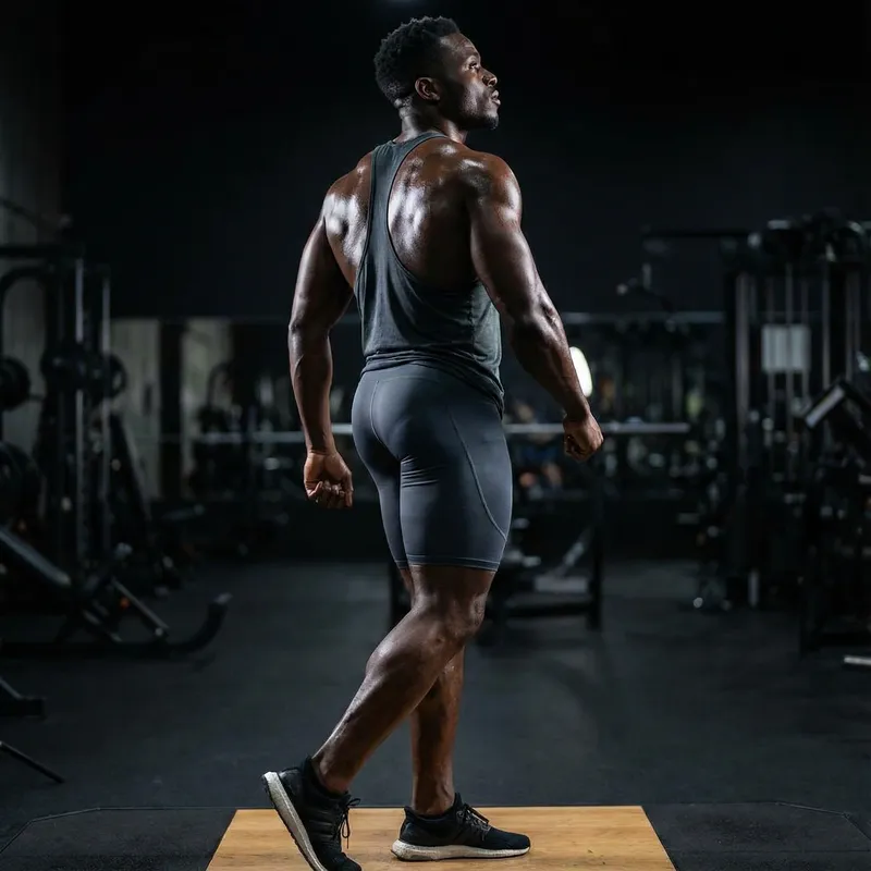 Powerful African Bodybuilder Displaying Toned Back and Glutes