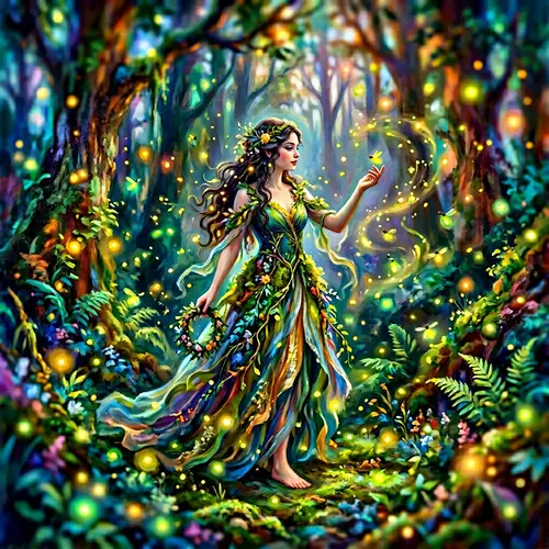 Ethereal Forest Nymph Surrounded by Glowing Fireflies