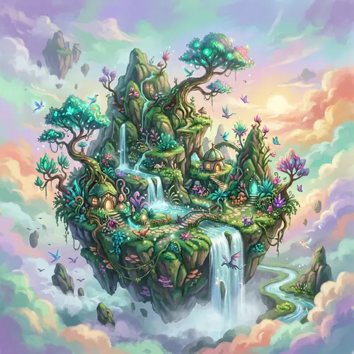 Dreamlike Floating Island with Vibrant Flora and Fauna