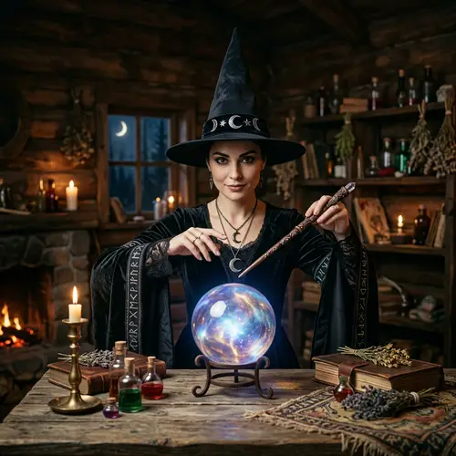 Caucasian Female Witch with High Bun | Traditional Witch Attire